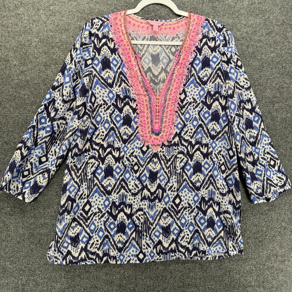 Lilly Pulitzer Tunic Top Size M Silk Blue Geometric V-Neck Beaded Coastal Resort